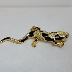 Vintage Christian Dior Black Enamel Pave Rhinstone Gecko Lizard Brooch